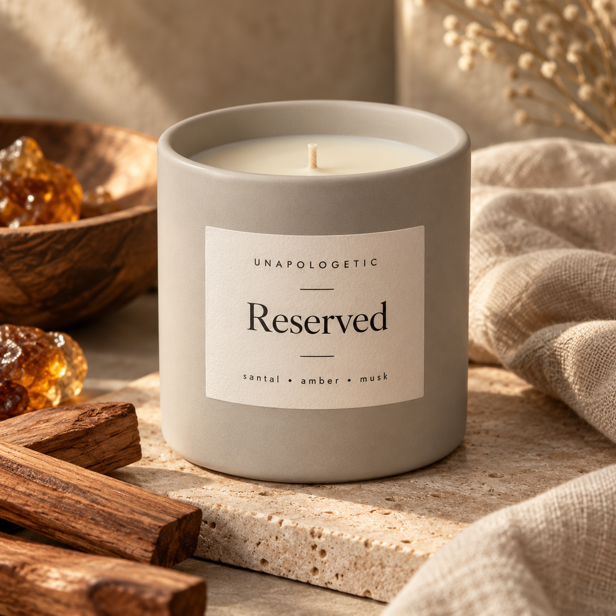 Reserved Unapologetic ceramic candle in stone
