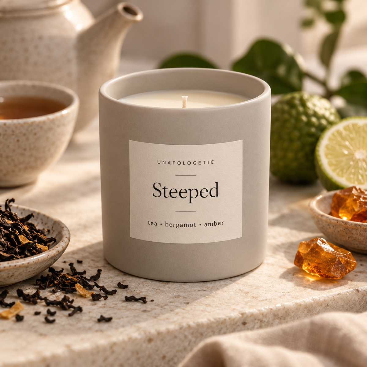 Steeped Unapologetic ceramic candle in stone